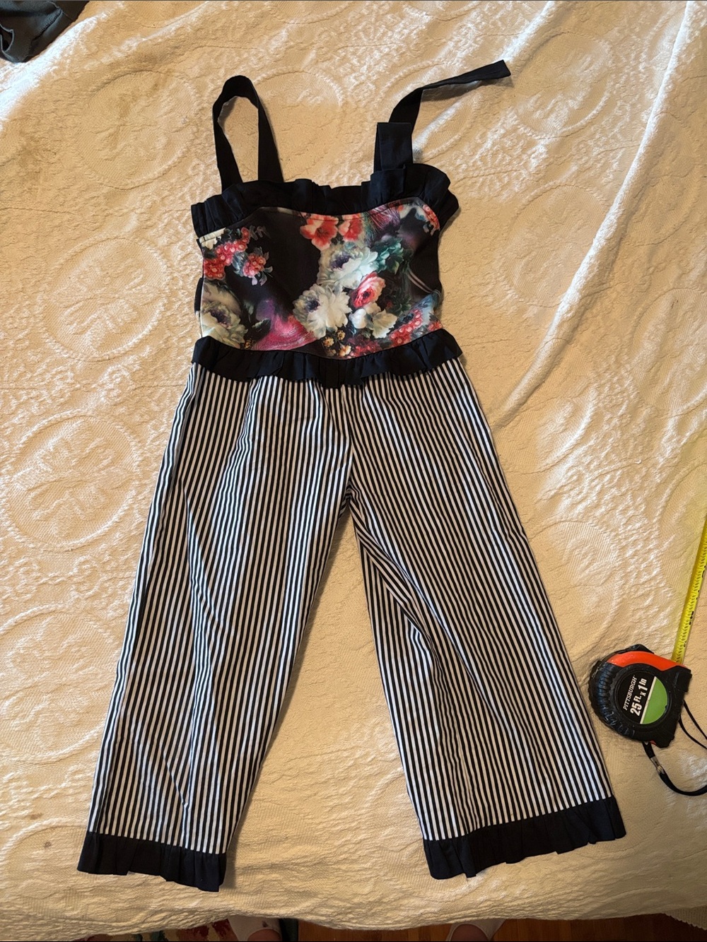 Floral Bustier + Black & White Striped Wide Leg Jumpsuit. - Button fell off
